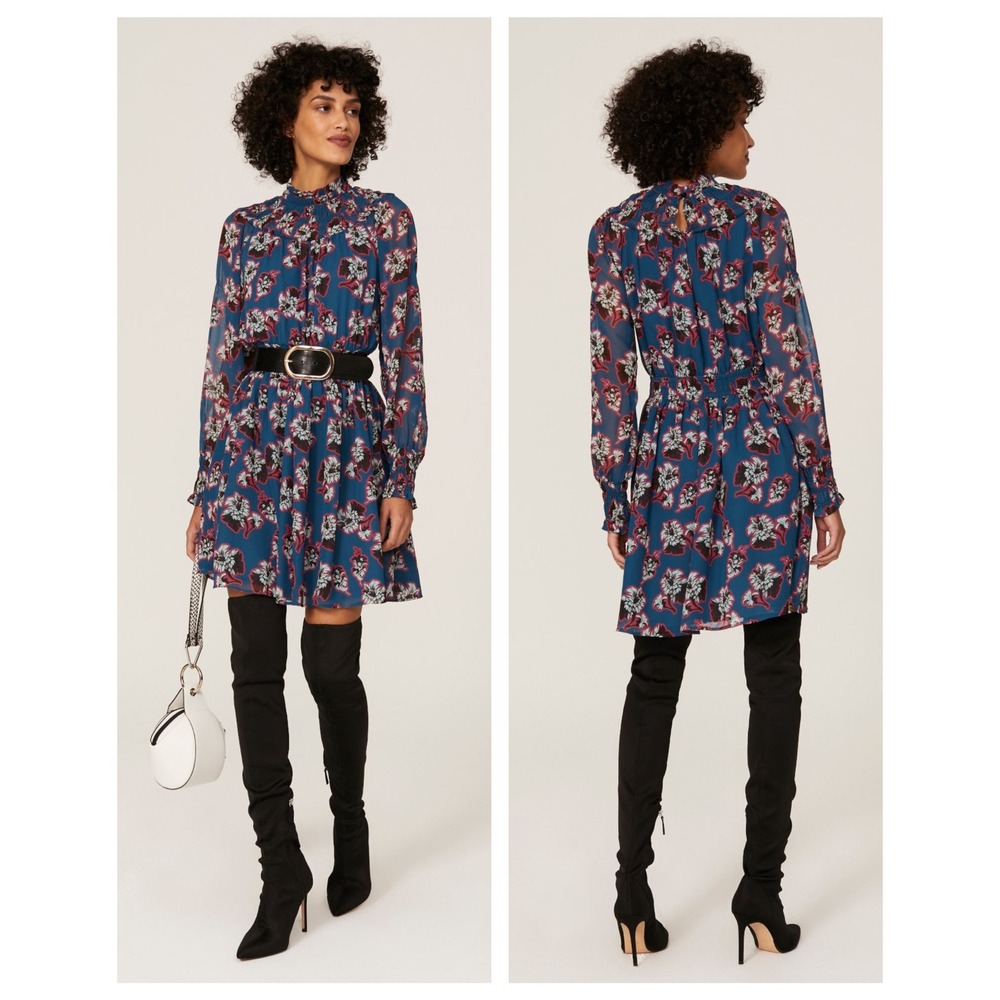 Peter Som Floral Pop Art Smoked Dress Women's 8 Teal Blue Mini‎ Chiffon Smocked